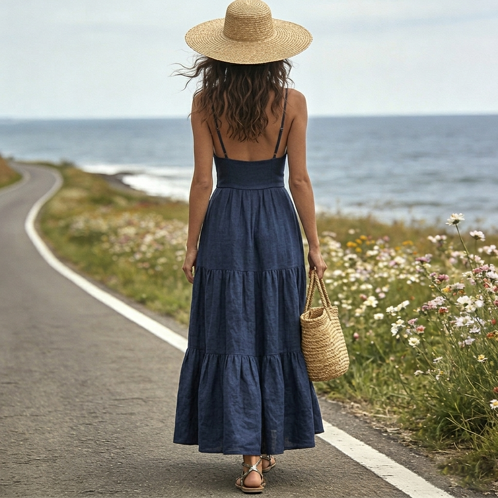 Cotton Linen Embroidered Maxi Dress With V-Neck And Tiered Skirt For Women