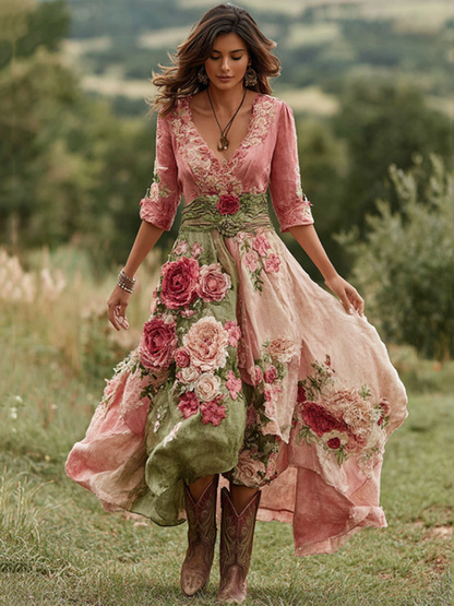 Women's Vintage Floral Art V Neck Linen Blend Maxi Dress 10e8