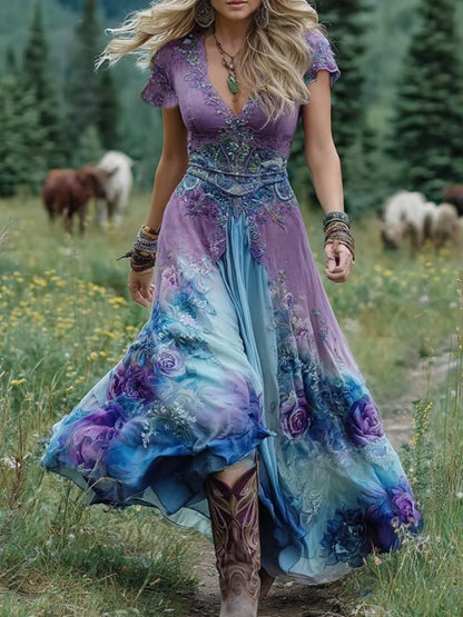 Classy Gradient Purple Lavender And Floral Printed Short Maxi Dress 43ff