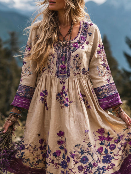 Vintage Ethnic Floral Boho Art Women's Linen Flowy Mini Dress
