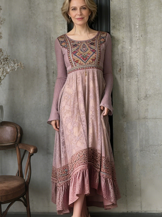 Vintage Ethnic Floral Boho Art Women's Flowy Dress