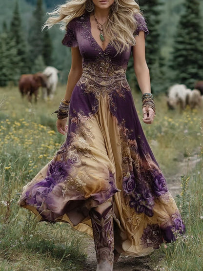 Classy Gradient Purple Lavender And Floral Printed Short Maxi Dress 43ff