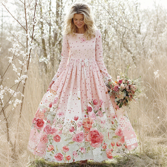 Vintage Floral Art Women's Linen Long Sleeve Maxi Cute Dress