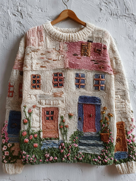Cottagecore Floral House Inspired Embroidered Cozy Knit Sweater