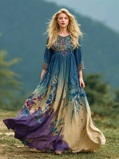 Boho Vintage Ethnic Floral Gradient Art Women's Linen Flowy Maxi Dress