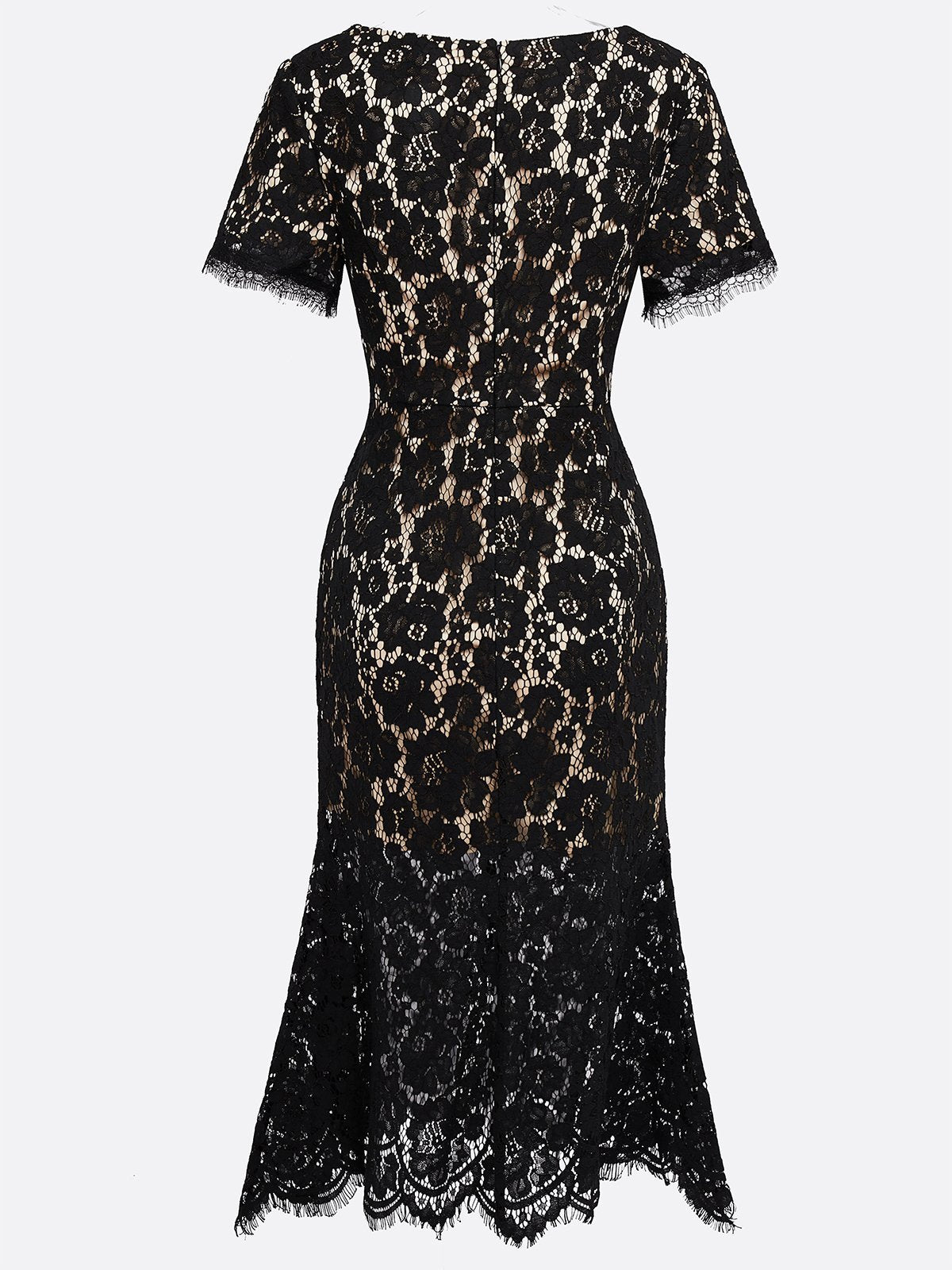 Black Lace Edge Cotton V Neck Short Sleeve Mermaid Midi Dress