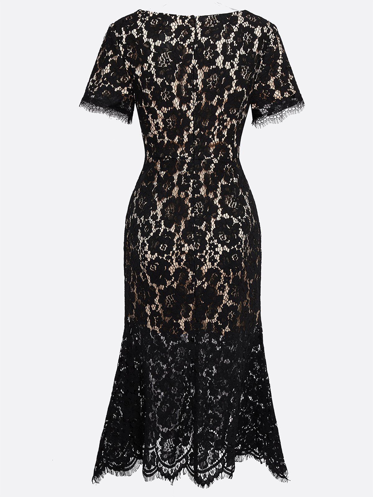 Black Lace Edge Cotton V Neck Short Sleeve Mermaid Midi Dress