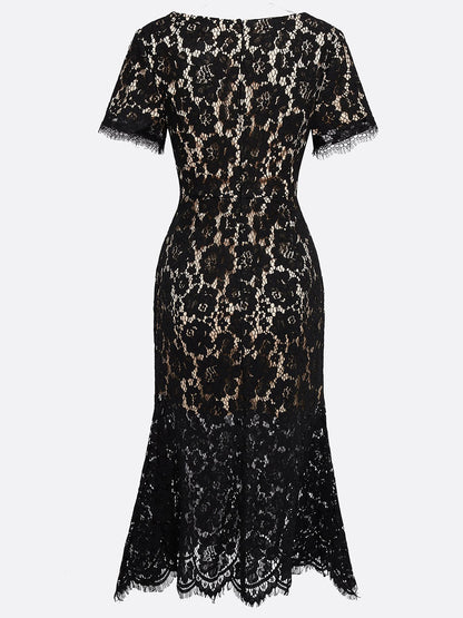 Black Lace Edge Cotton V Neck Short Sleeve Mermaid Midi Dress