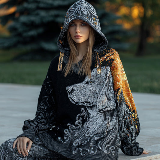 Women's Vintage Dog Embroidered Hooded Sweater