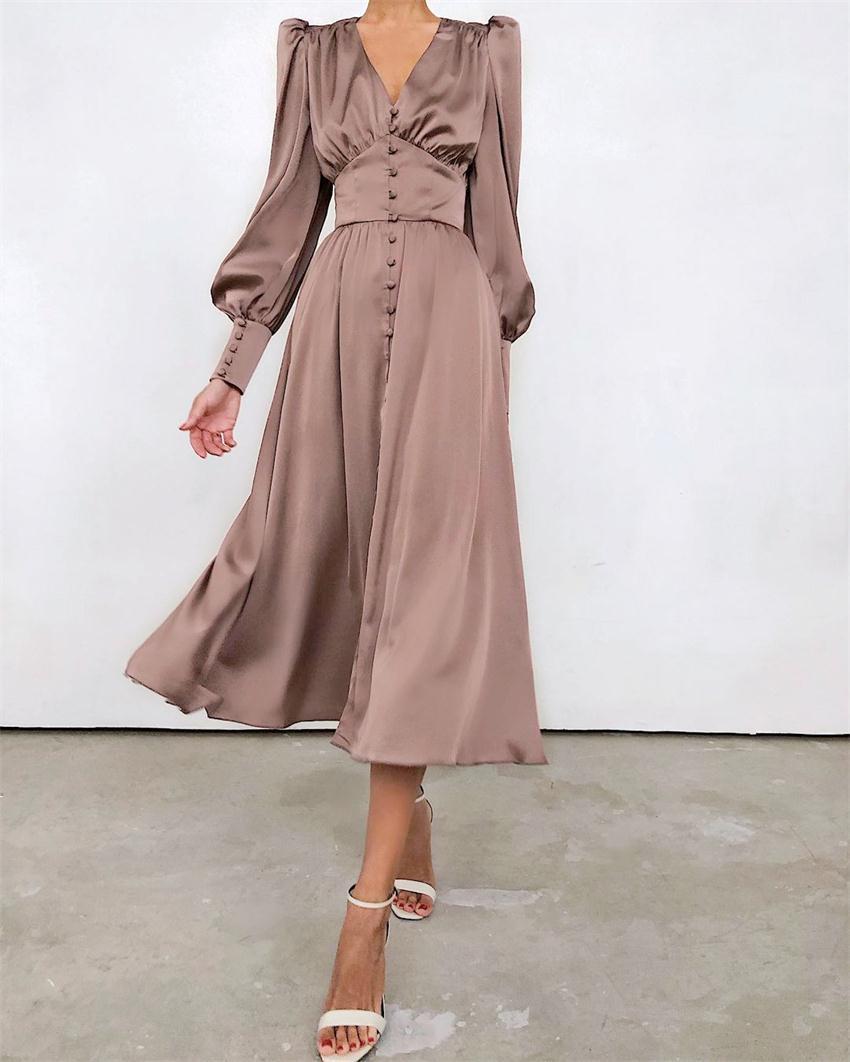 Slim Fit Green V Neck Wrinkled Silk Maxi Dress Puff Sleeve