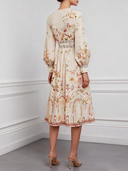 Apricot Floral Ruched Classic V Neck Long Sleeve Puff Sleeve A-Line Midi Dress