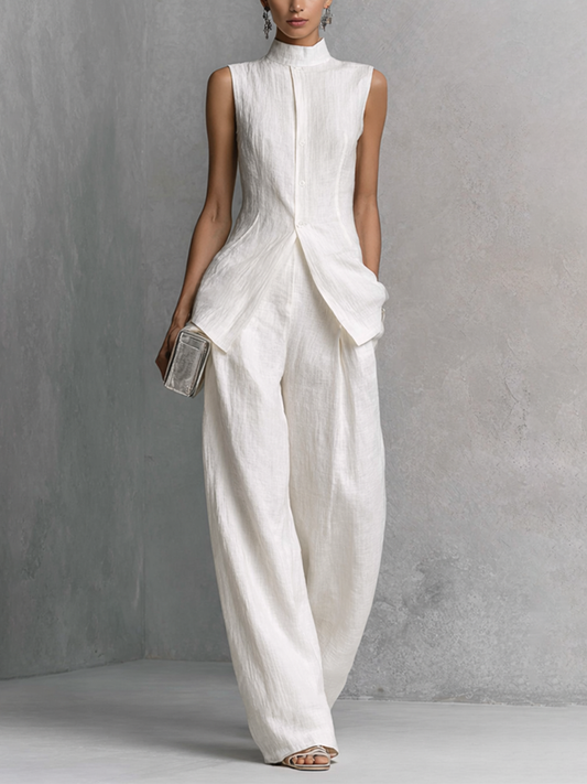 Women's Elegant White Cotton Linen Sleeveless Top and Wide-Leg Pants Set MDZ0221B1BA