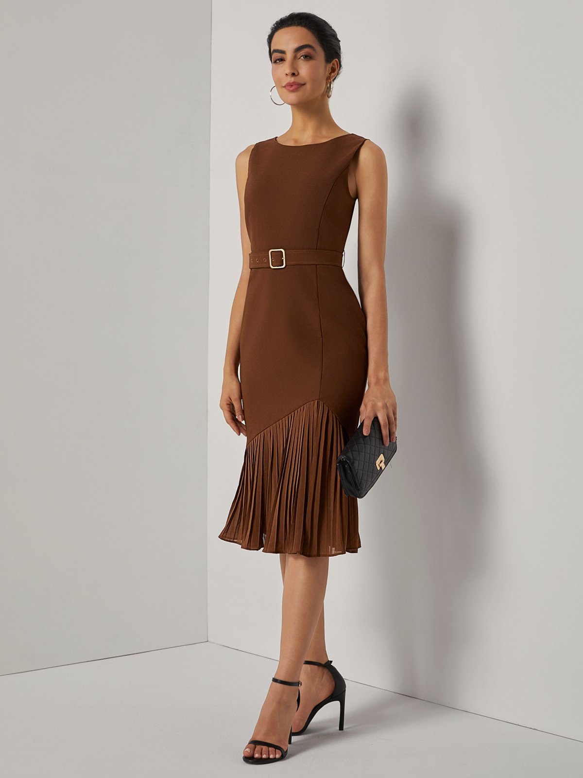 Brown Pleated Slit Classic Boat Neck Sleeveless Mermaid Midi Dress