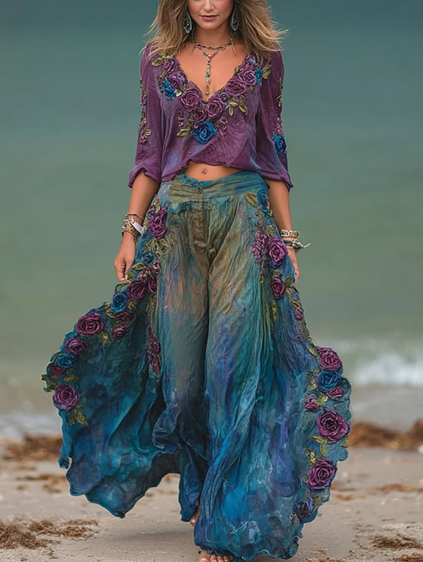 Seaside lace embroidered retro top + pants set 3a85