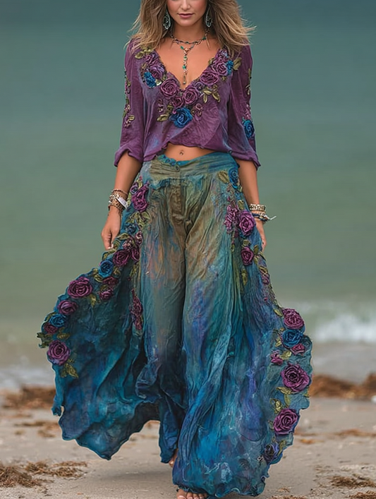 Seaside lace embroidered retro top + pants set 3a85