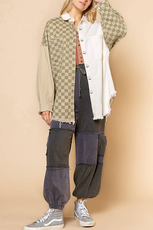 Check Panel Fringe Denim Jacket