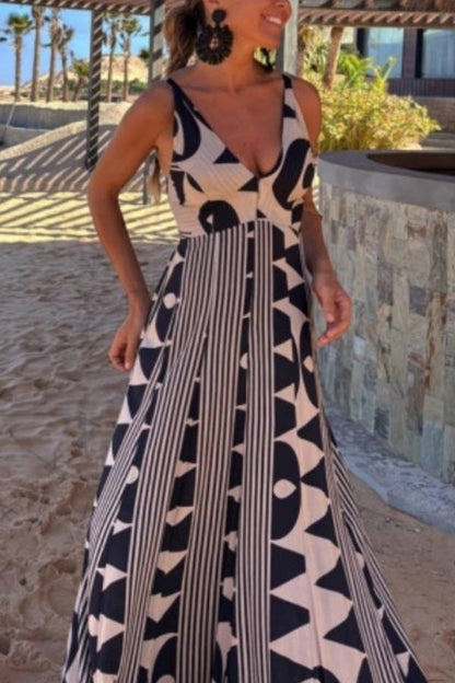 Geometric Print Deep V-Neck Strappy Maxi Dress