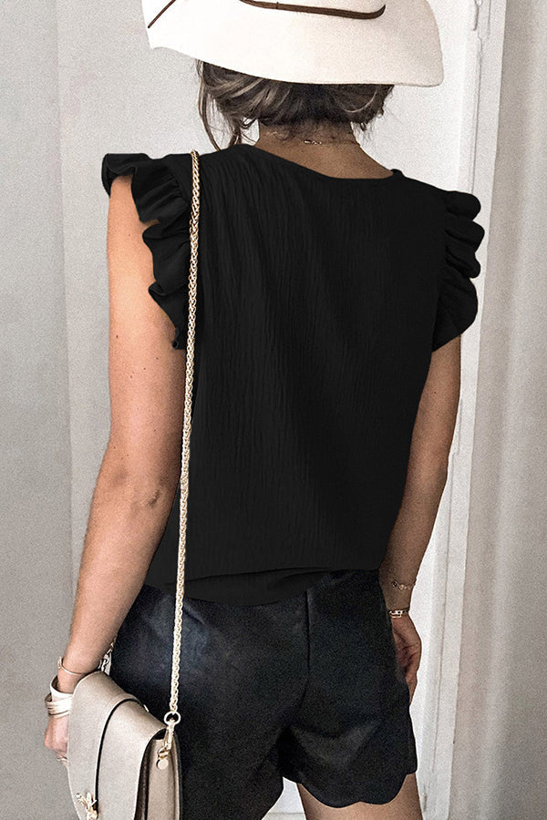 Casual T-shirt Solid V-neck Pullover Ruffle Sleeve Top
