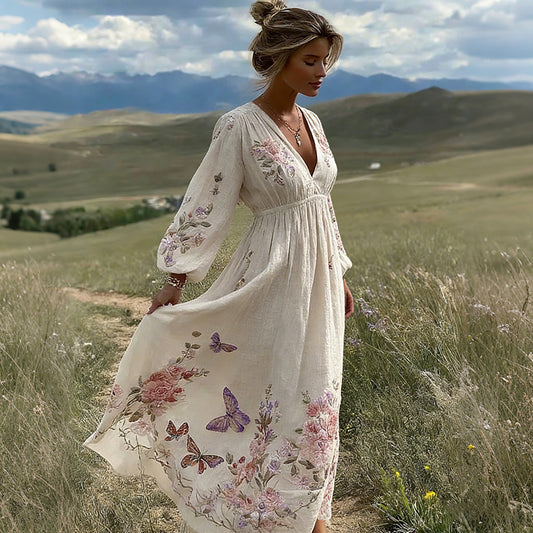 Women's Retro Bohemian Style Floral And Butterfly Comfortable V-neck Dress