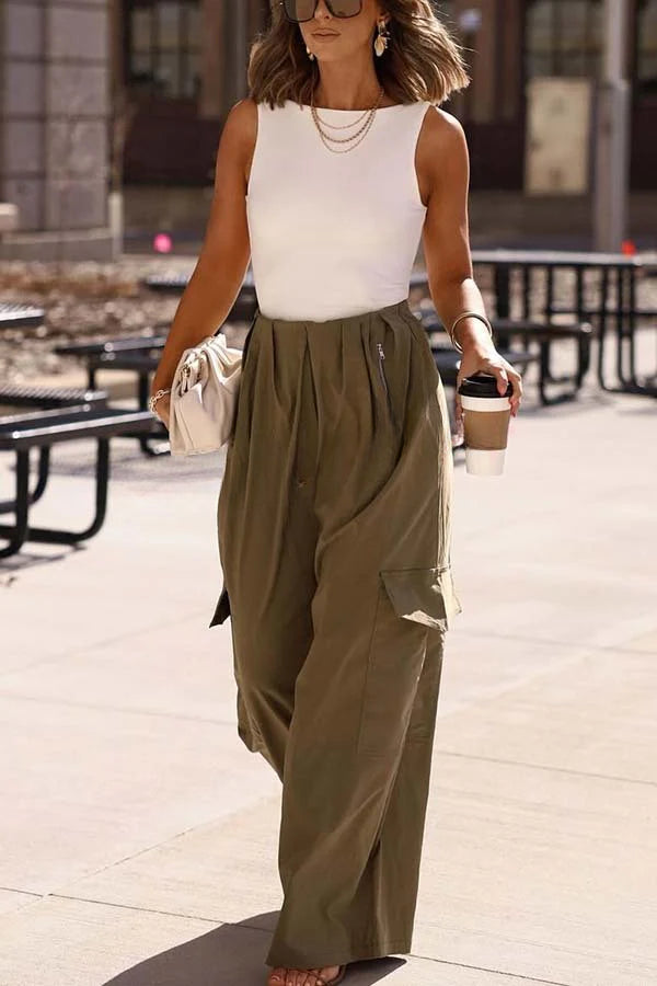 Great Week Pleated Elastic Waist Zipper Pocket Wide Leg Cargo Pants