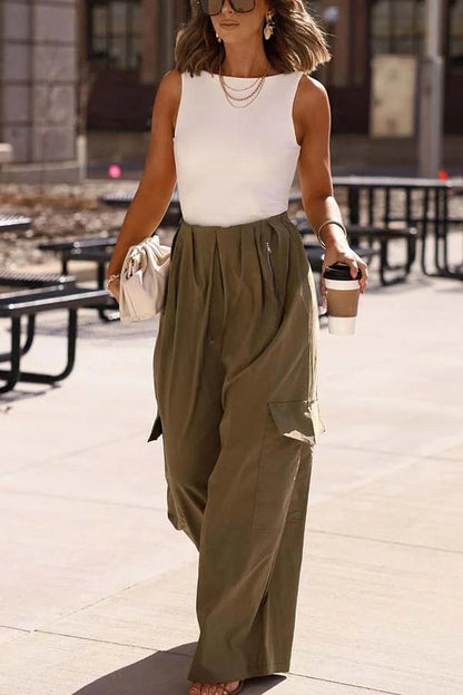 Great Week Pleated Elastic Waist Zipper Pocket Wide Leg Cargo Pants