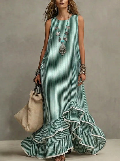 Women's Retro Striped Art Ruffled Casual Stylish Cotton Linen Maxi Dress