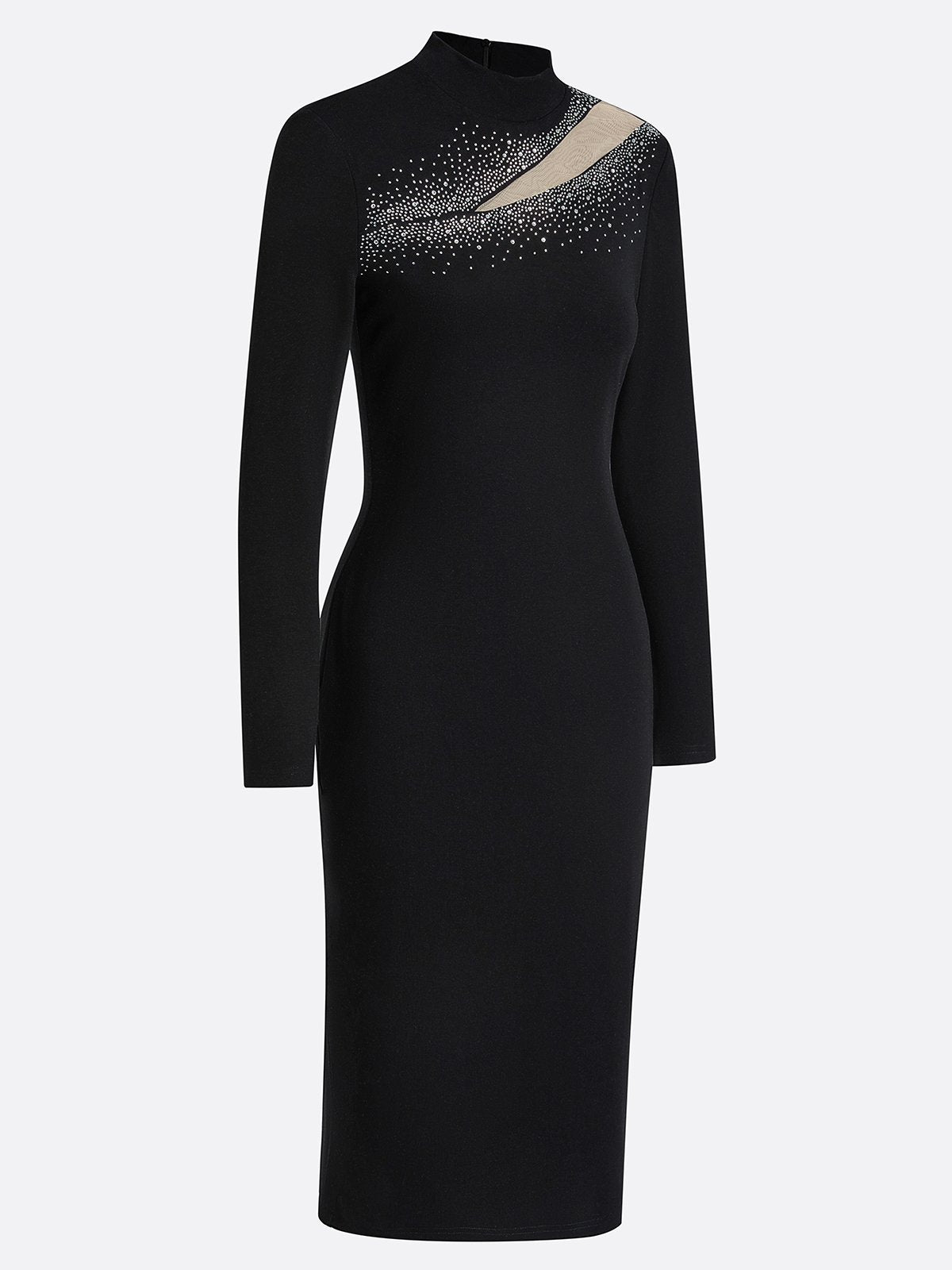 Black Rhinestone Cut Out Knit Mock Neck Long Sleeve Sheath Midi Dress