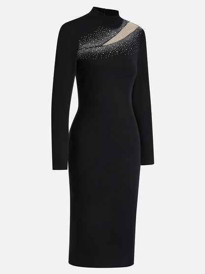 Black Rhinestone Cut Out Knit Mock Neck Long Sleeve Sheath Midi Dress