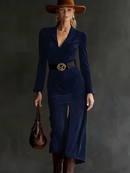 Retro Western Style Lapel Faux Suede Slit Midi Dress(Includes belt)