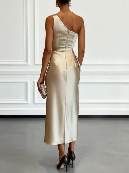 Champagne Ruched Satin One Shoulder Sleeveless Sheath Midi Dress