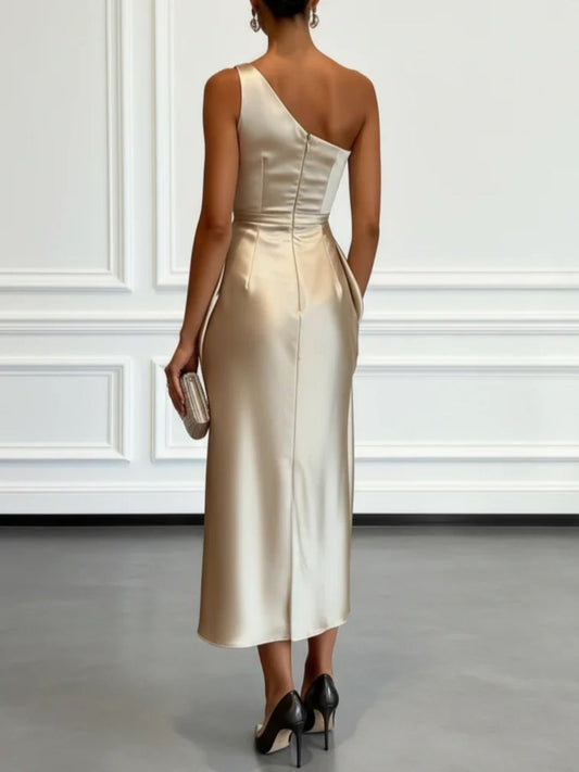 Champagne Ruched Satin One Shoulder Sleeveless Sheath Midi Dress