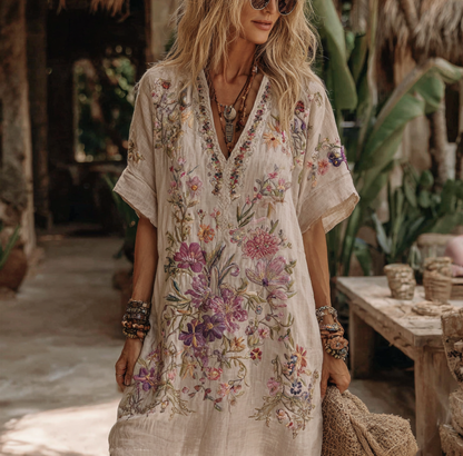 Women's Floral Embroidery Art V Neck Comfy Midi Dress 8ed0