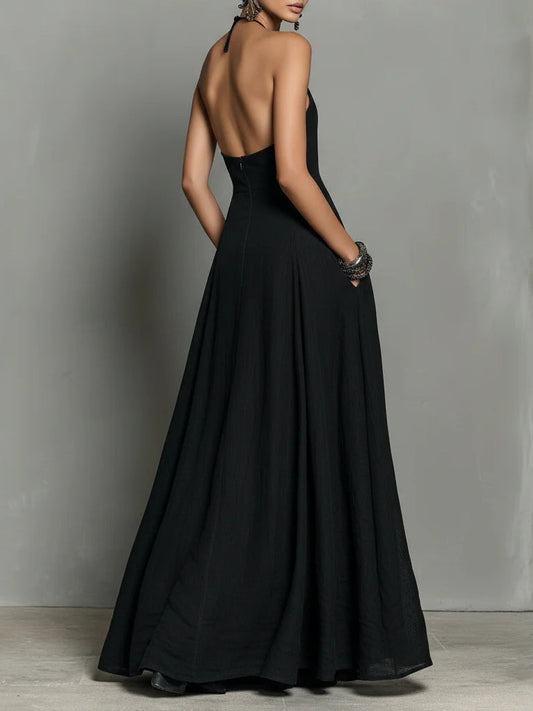 Black Minimalist Faux Linen Blend Backless Halter Neck Sleeveless Maxi Dress