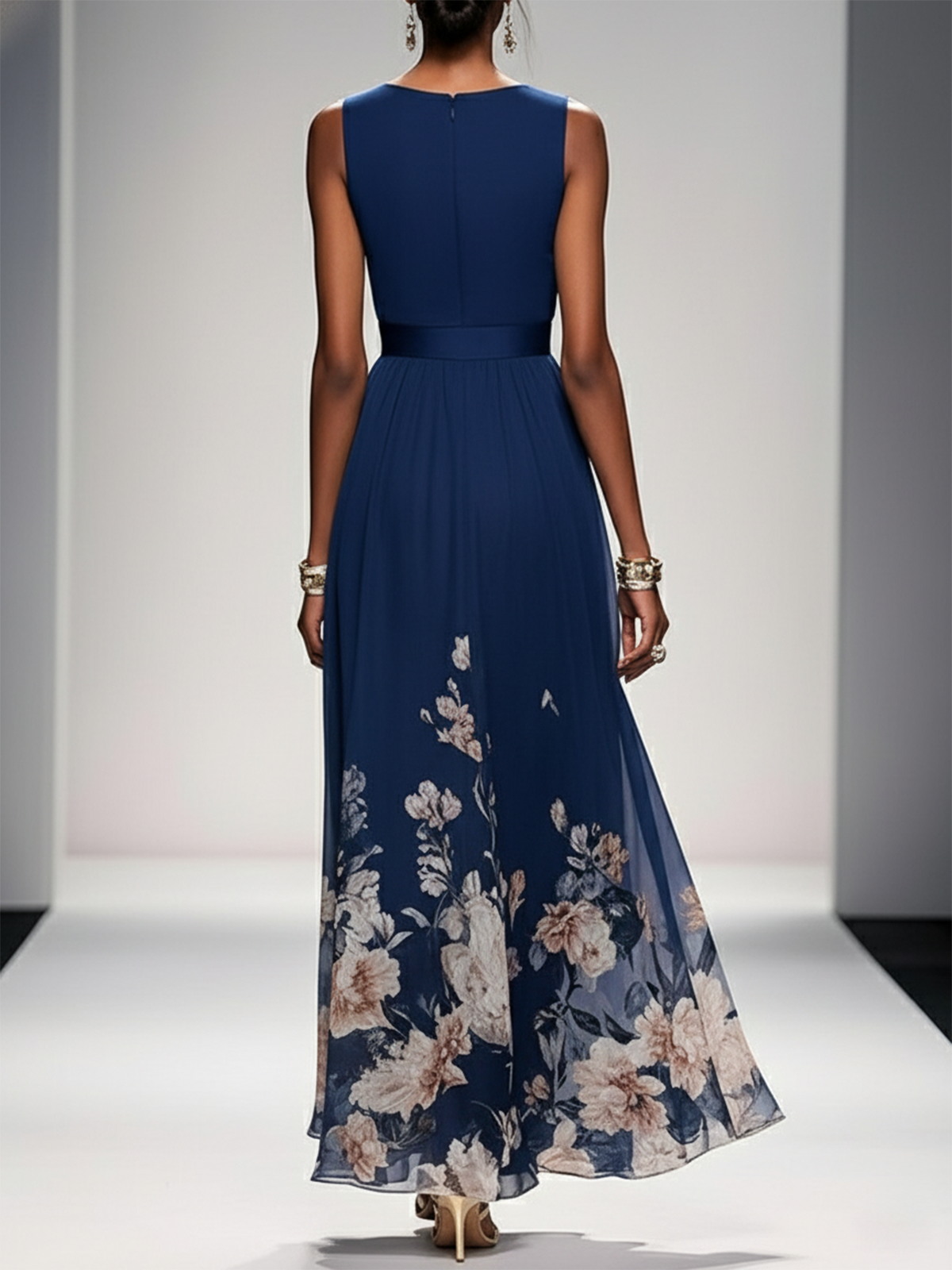 Navy Blue Floral Mesh V Neck Sleeveless A-Line Maxi Dress
