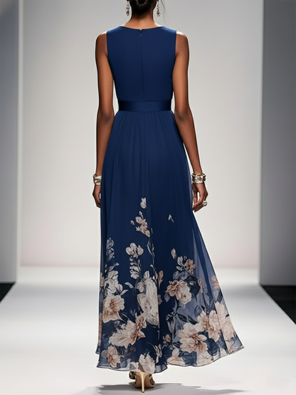 Navy Blue Floral Mesh V Neck Sleeveless A-Line Maxi Dress