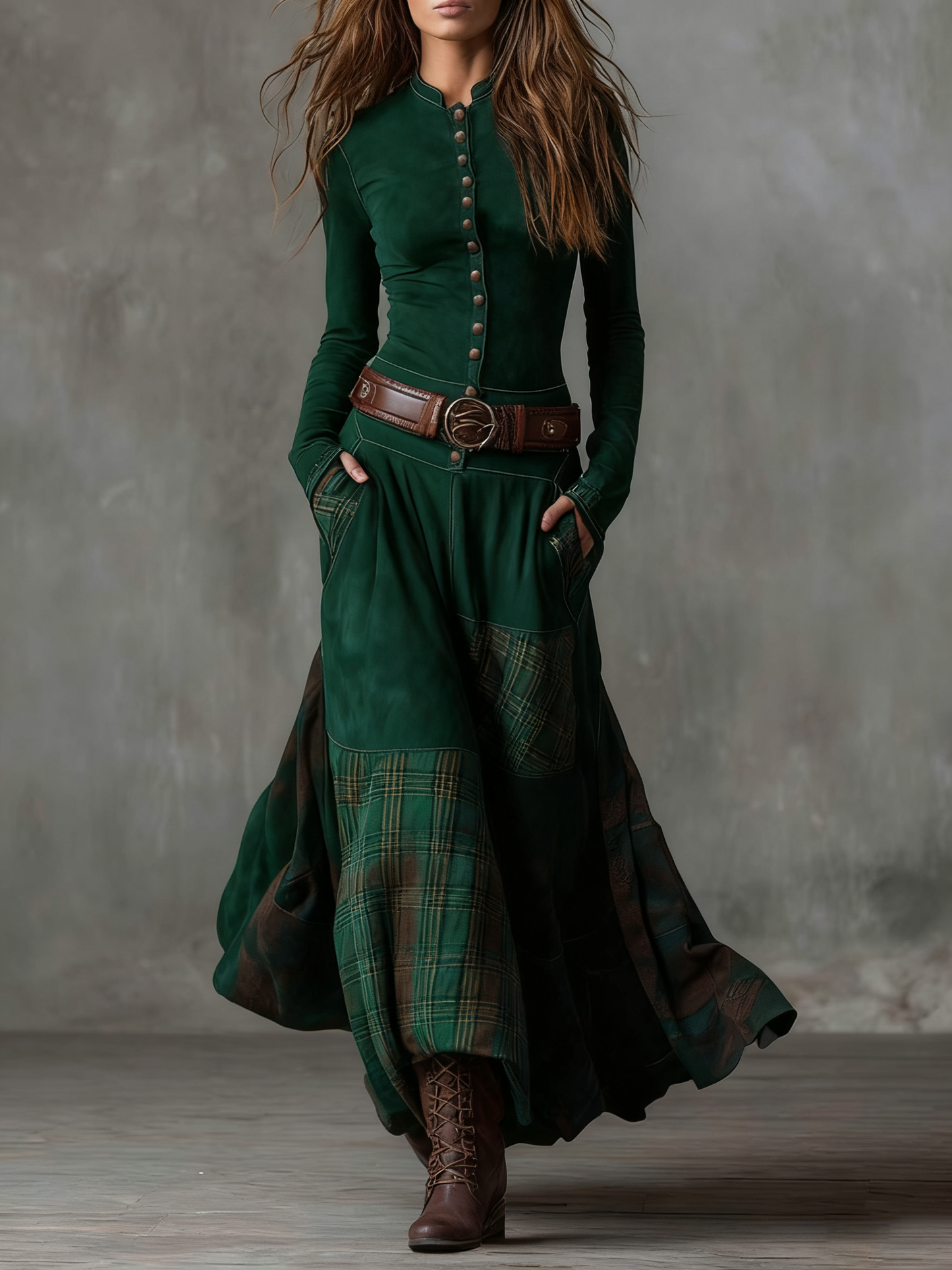 Navy Plaid Paneled Vintage Suede Maxi Dress