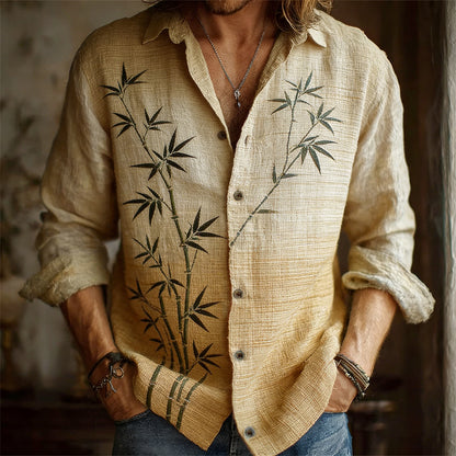 Japanese Bamboo Gradient Pattern Men's Linen Long Sleeve Shirt