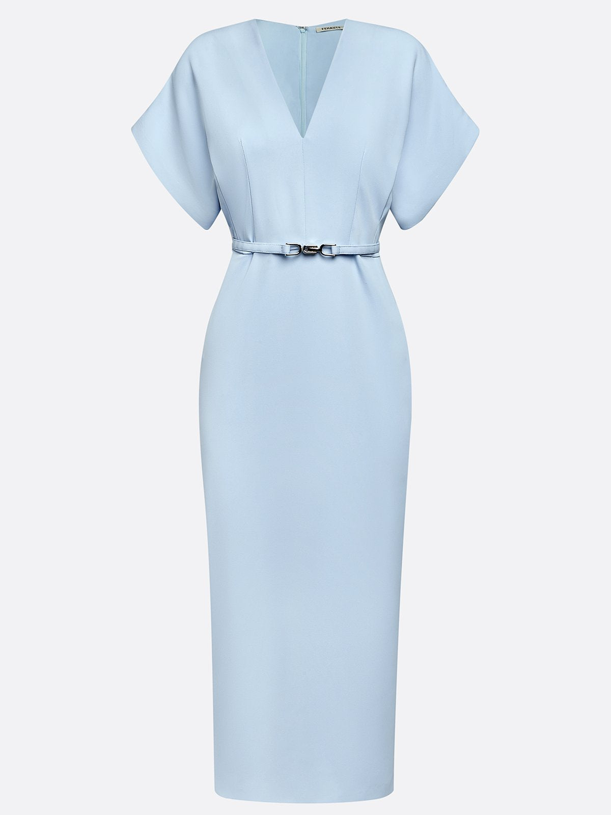 Light Blue Slit Classic V Neck Short Sleeve Dolman Sleeve Sheath Midi Dress With Belt