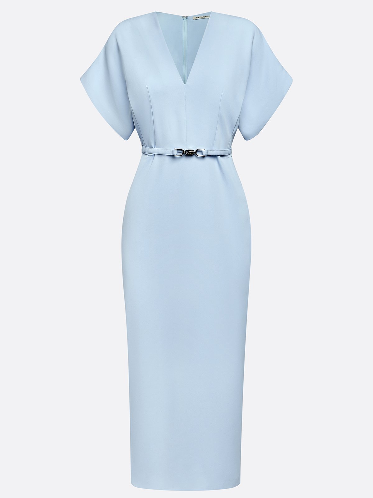 Light Blue Slit Classic V Neck Short Sleeve Dolman Sleeve Sheath Midi Dress With Belt