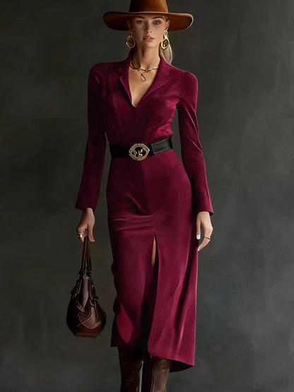 Retro Western Style Lapel Faux Suede Slit Midi Dress(Includes belt)
