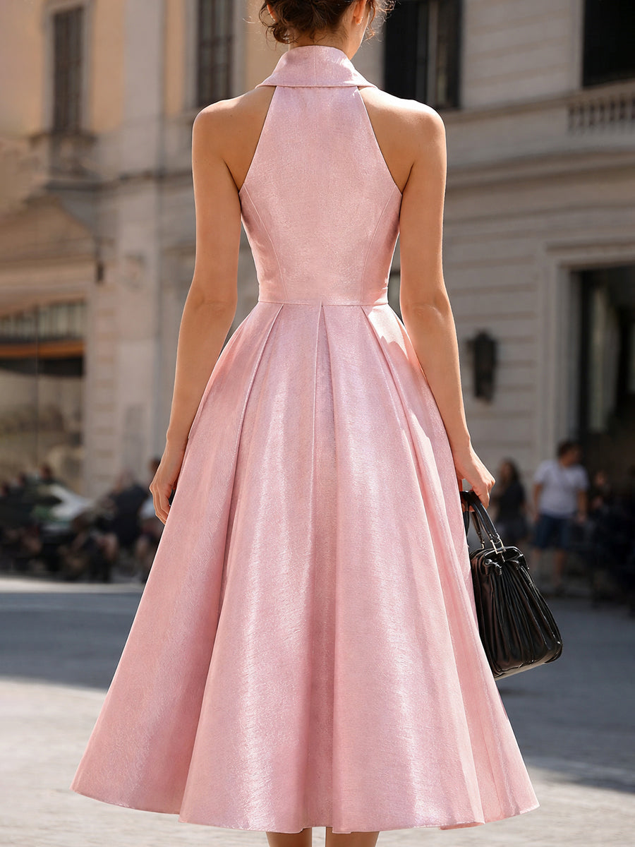 Halter Neck Pleated Waist Midi Dress