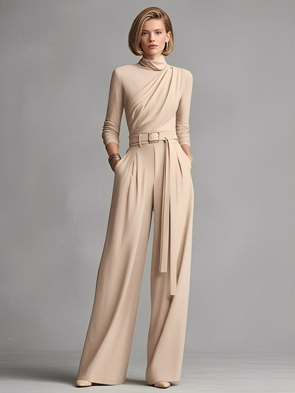 Women's Neutral-colored Cotton Blend Knit Jumpsuit With Gathered Waist MDA1516L0I