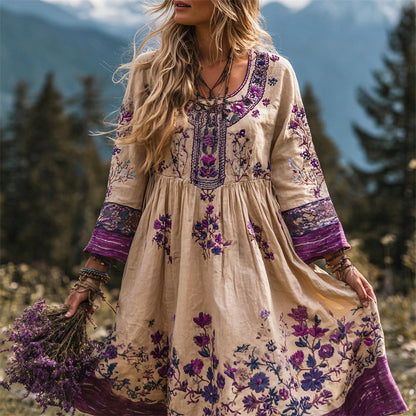 Vintage Ethnic Floral Boho Art Women's Linen Flowy Mini Dress
