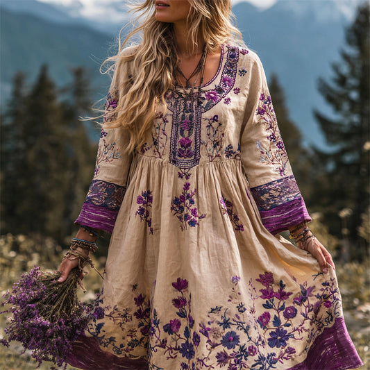 Vintage Ethnic Floral Boho Art Women's Linen Flowy Mini Dress