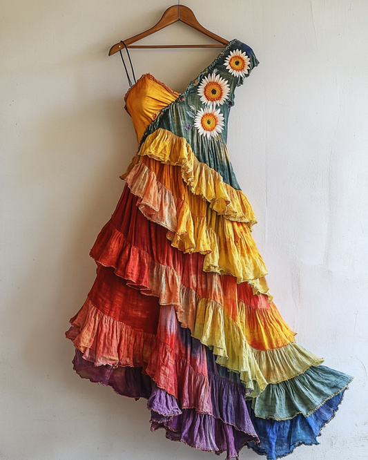 Rainbow Ruffle Daisy Embroidered Irregular Dress 5423