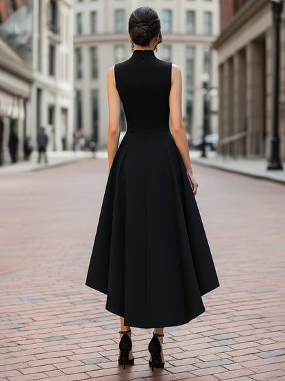 Sleeveless High-Neck Asymmetric Hem A-Line Midi Dress
