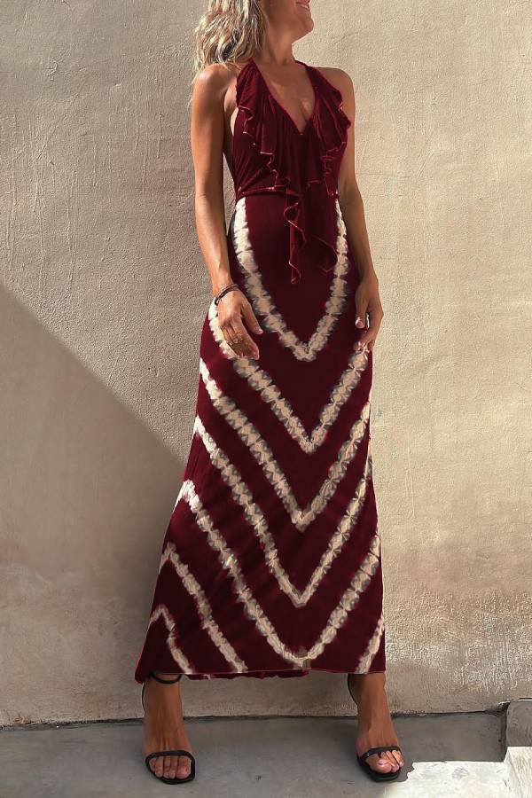 Kyra Ruffle Halter Neck Lace-up Waist Tie-dye Print Maxi Dress