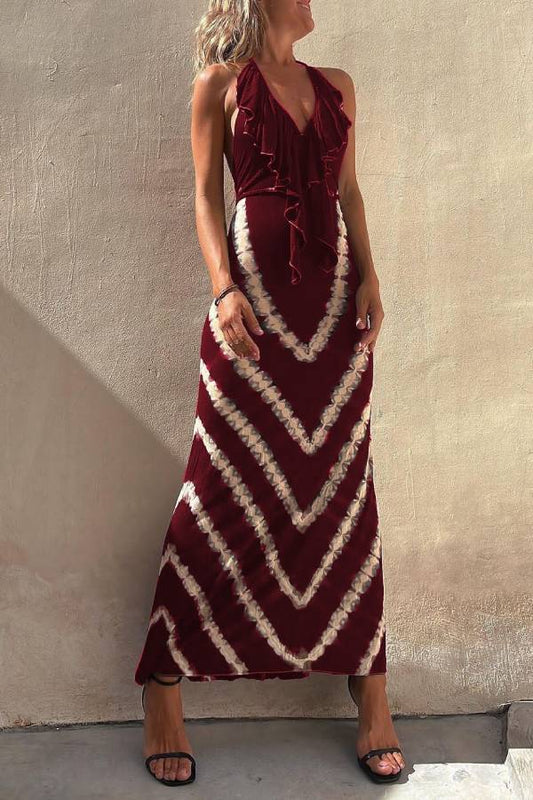 Kyra Ruffle Halter Neck Lace-up Waist Tie-dye Print Maxi Dress