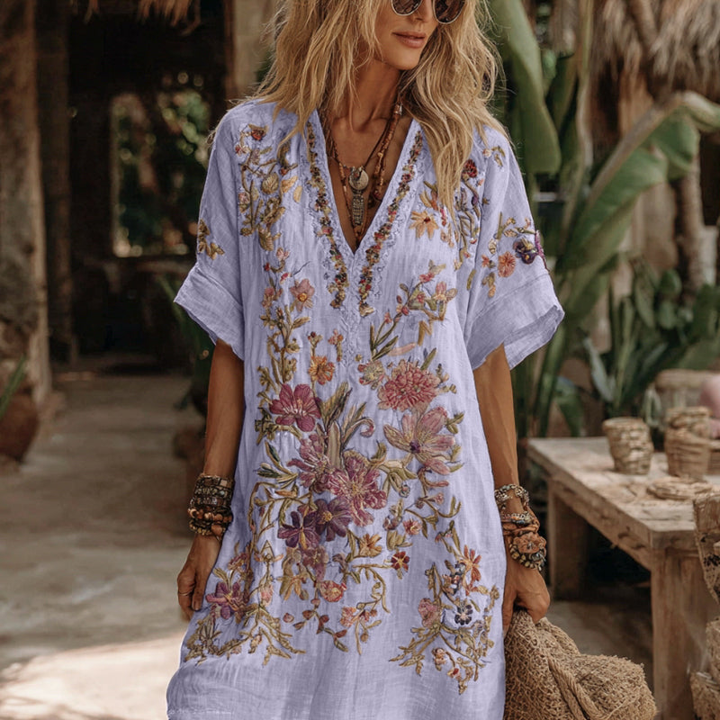 Women's Floral Embroidery Art V Neck Comfy Midi Dress 8ed0