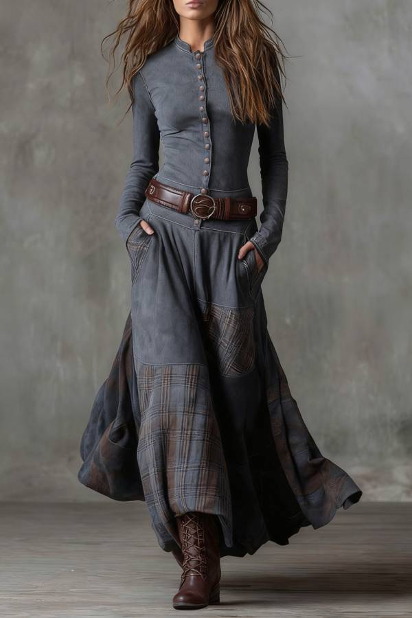 Navy Plaid Paneled Vintage Suede Maxi Dress